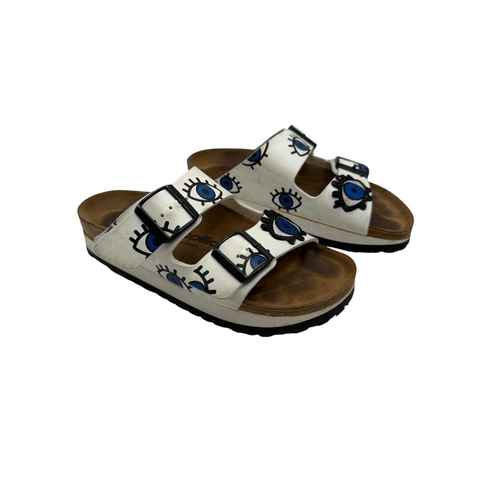 Papillio Birkenstock Arizona Platform Sandals Women 7 White Leather Evil Eye - Picture 5 of 11